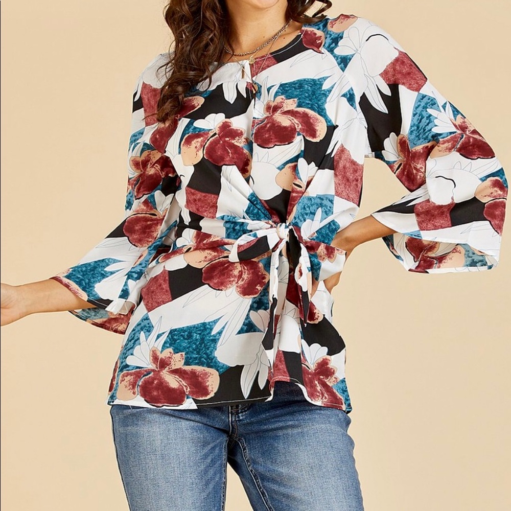 Floral side tie-accent & 1 button open style neck